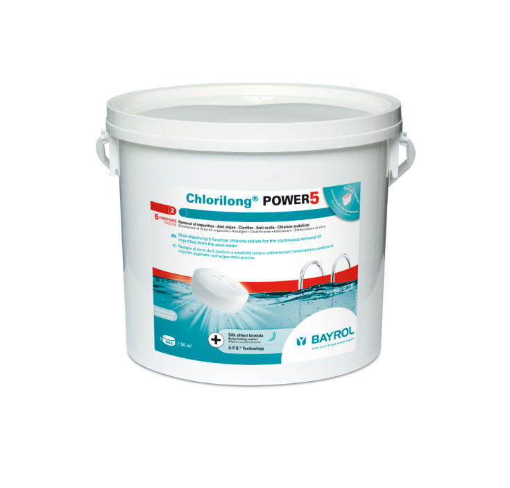 A tub of Bayrol Chlorilong Power5 chlorine
