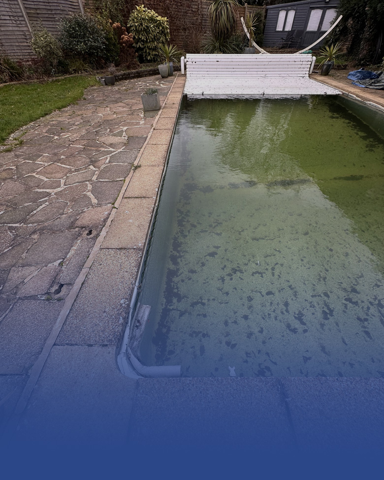 Green, unbalanced pool water beside paving
